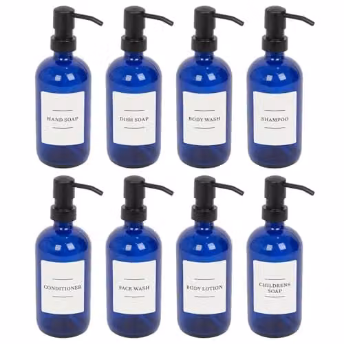 Harbour Housewares Pack of 8 Blue Glass Soap Dispensers with Black Pumps and White Labels, 500ml – 1