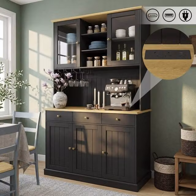 BTM Tall Kitchen Cabinet in Black with Power Outlet, USB, and Wine Glass Holder, W/D/H: 40 x 40 x 191 cm