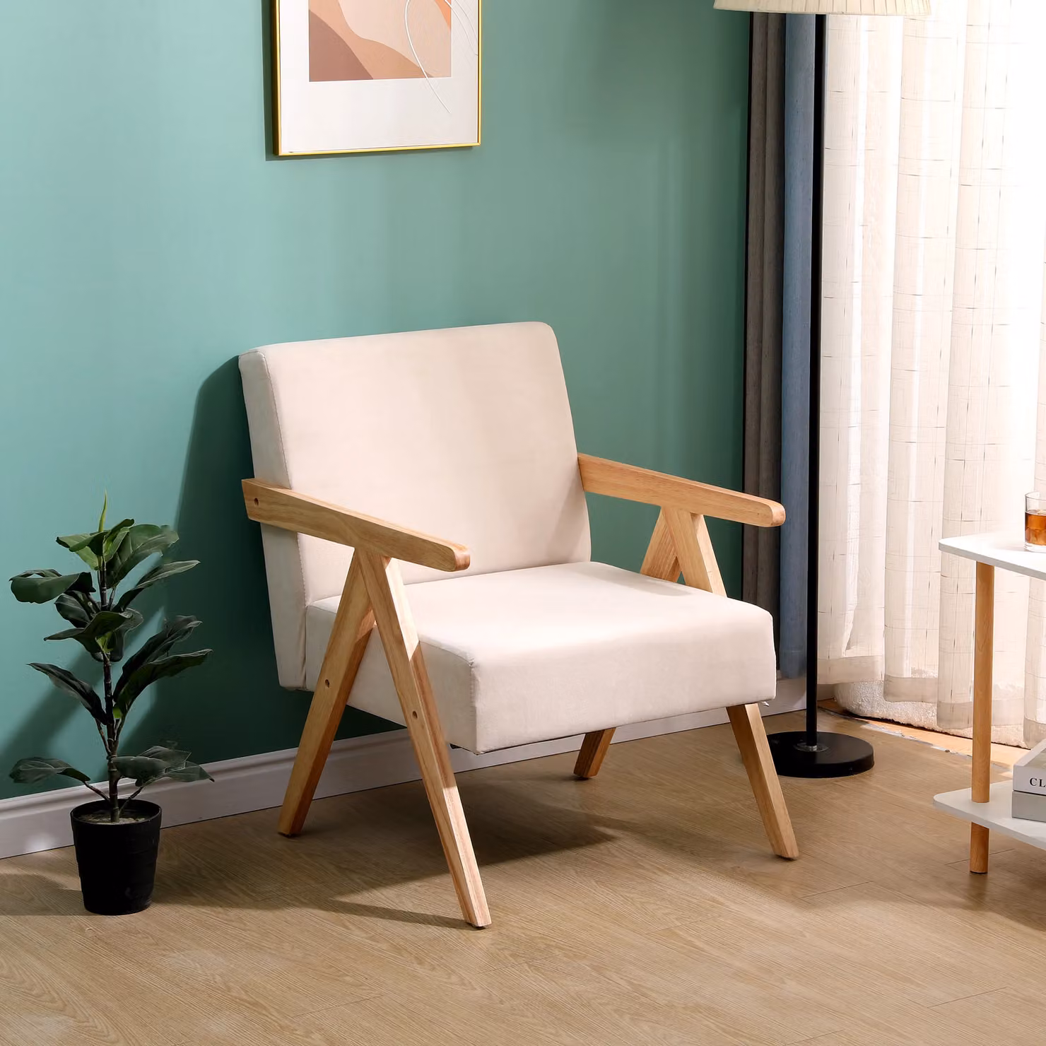 Santarem-Rouge Scandinavian Lounge Armchair with Solid Wood Frame and Beige Fabric – 2