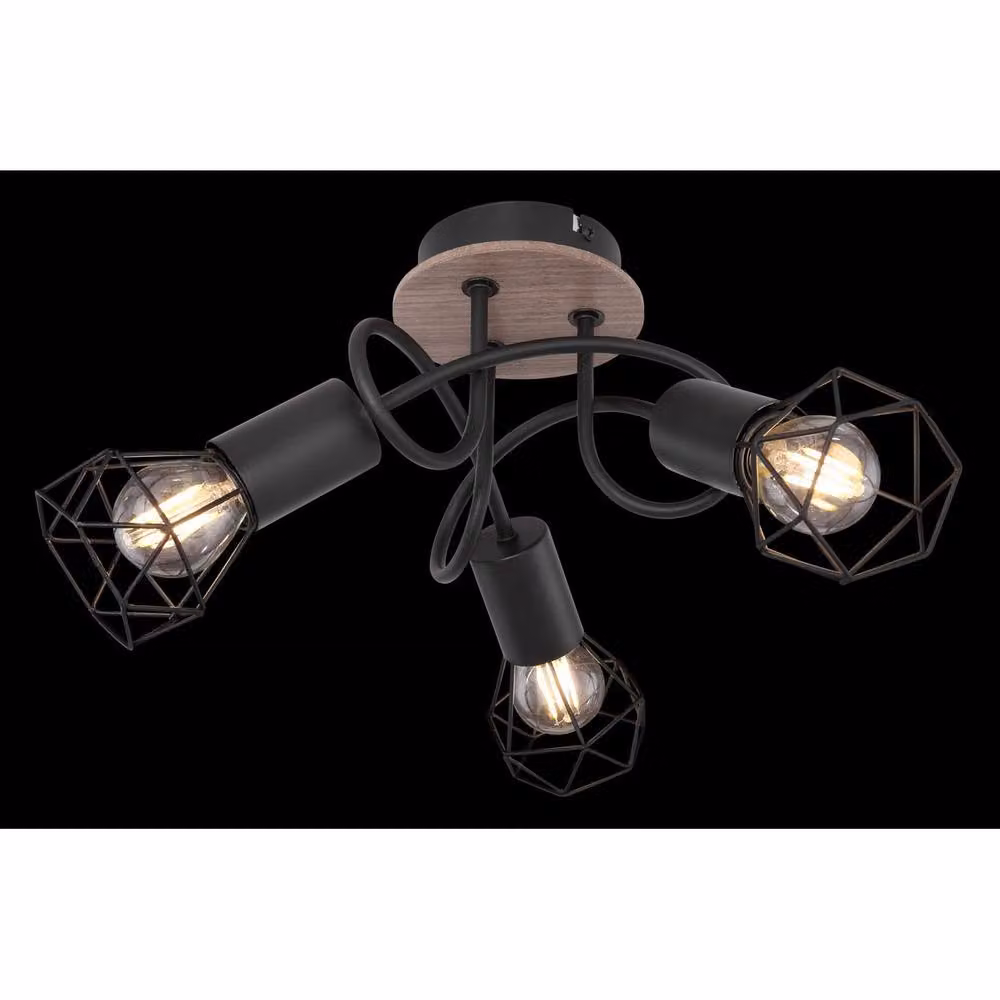 Netlighting Xara I Multi Arm Semi Flush Ceiling Lamp in Black and Brown with 3x E14 Wood and Metal Accents – 7