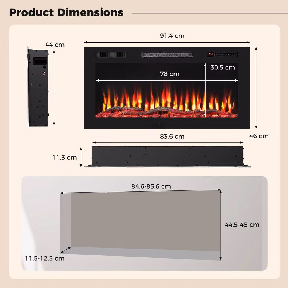 Costway Recessed 36 inch Electric Fireplace Wall Mounted Heater with Sleep Mode in Black – 3