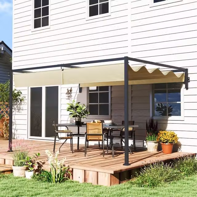 Outsunny Wall Mounted Metal Lean-to Pergola with Retractable Roof in Beige/Yellow, W: 300 cm, D: 211 cm, H: 211 cm
