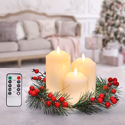 Globrite 3-Pack Flickering Flameless LED Candles with Berry Wreath Christmas Decorations in Beige, White and Multicolour – 5