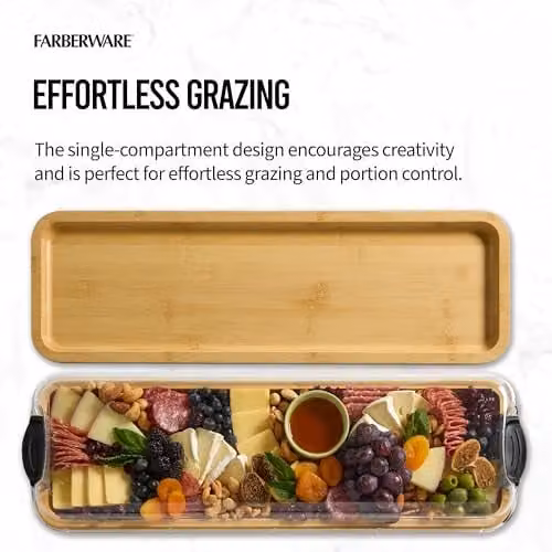 Farberware Build-a-Board Long Bamboo Serving Board with Locking Lid, Brown, W: 56 cm, D: 17.5 cm – 4
