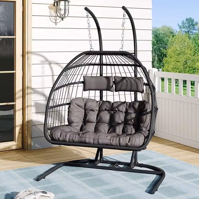 Lifeideas Double-Seater Rattan Hanging Chair with U-Shaped Base and Cushions, Black