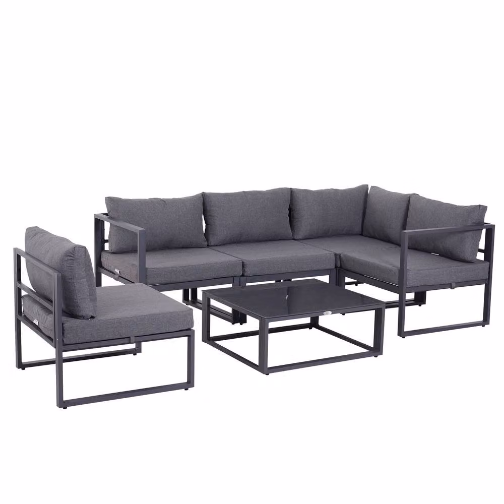 ERGOVEXA 5 Seater Grey Powder Coated Aluminium L-Shape Garden Furniture Set with Upholstered UV-Resistant Cushions and Coffee Table – 3