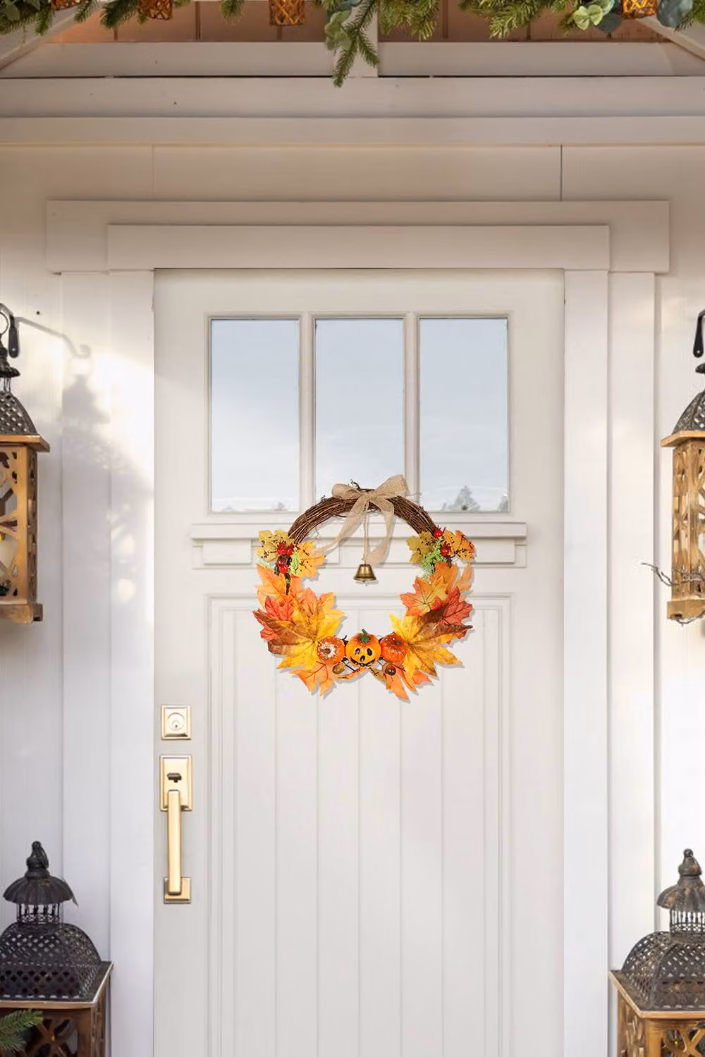 H&O Direct Orange Artificial Pumpkin and Maple Leaves Wreath with Bell, Diameter: 40 cm – 2