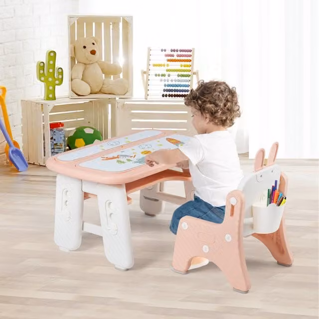 Costway Height Adjustable Kids Drawing Table and Chair Set with Reversible Board in Pink