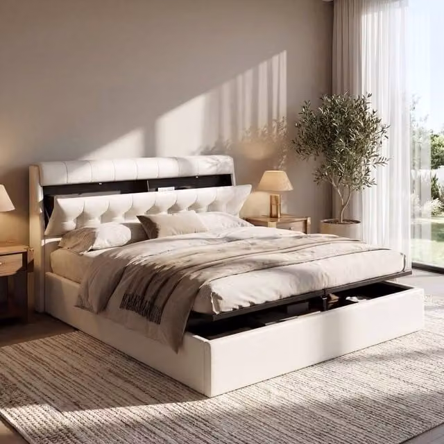 ModernLuxe Upholstered King Bed with Hydraulic Storage and Headboard in White, W/D/H: 150 x 200 x 50 cm