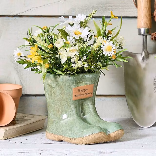 Dibor Small Green Ceramic Boots Flower Planter with Happy Anniversary Engraved Plaque, H10 x W12 cm