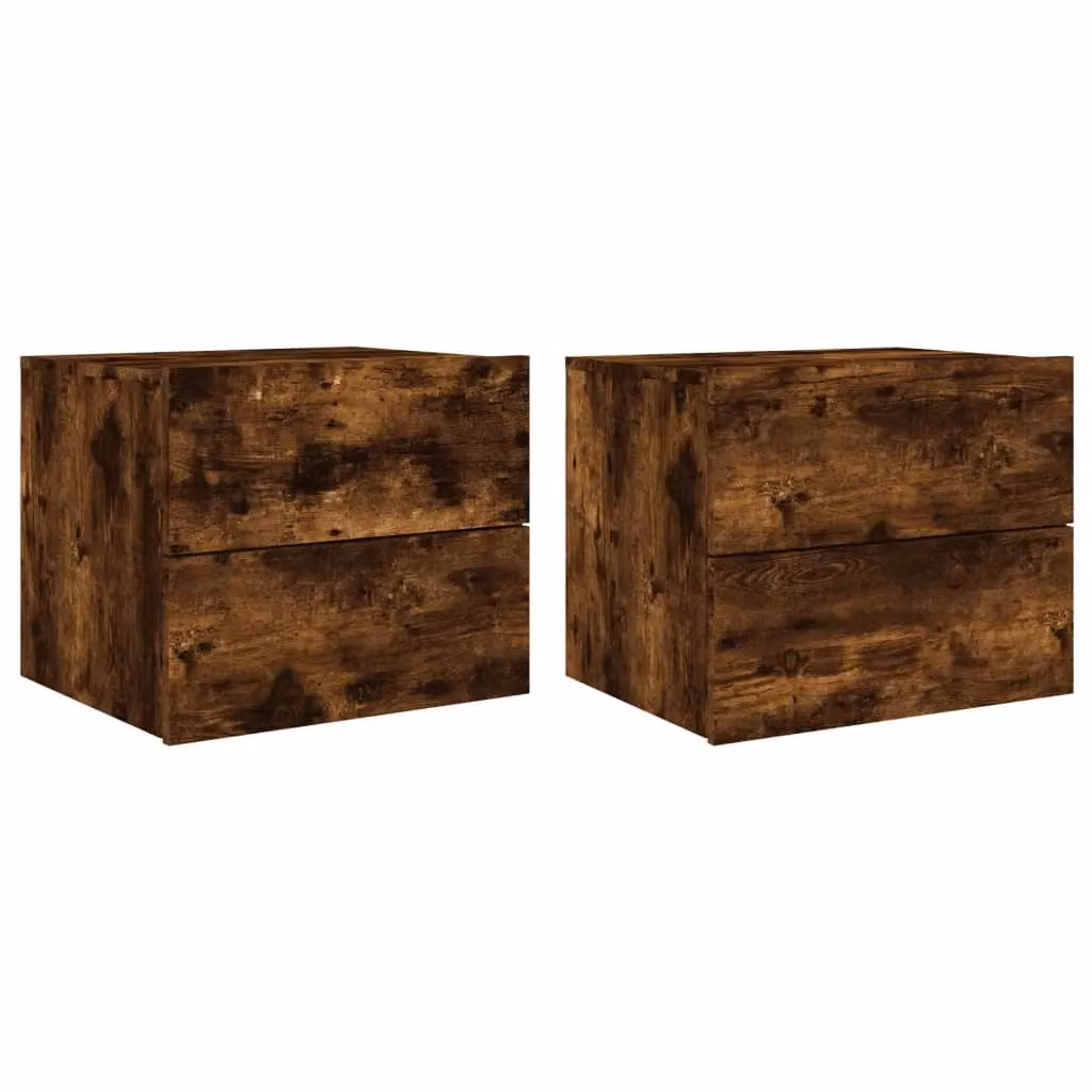 Berkfield Home Set of 2 Wall-mounted Bedside Cabinets with Integrated LED Lights in Smoked Oak Brown – 2