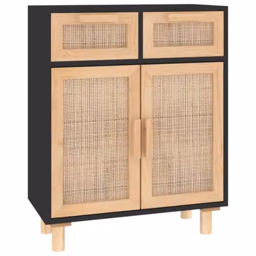 vidaXL Black Sideboard in Solid Pine Wood and Natural Rattan, W/D/H: 60 x 30 x 75 cm