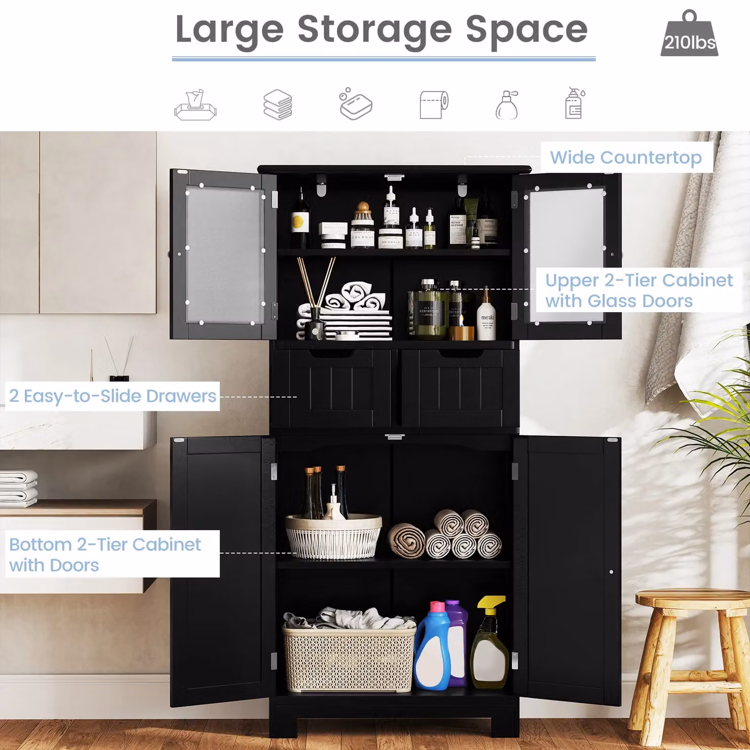 Costway Tall Freestanding Bathroom Storage Cabinet with Hinged Doors and Internal Drawers in Black – 5