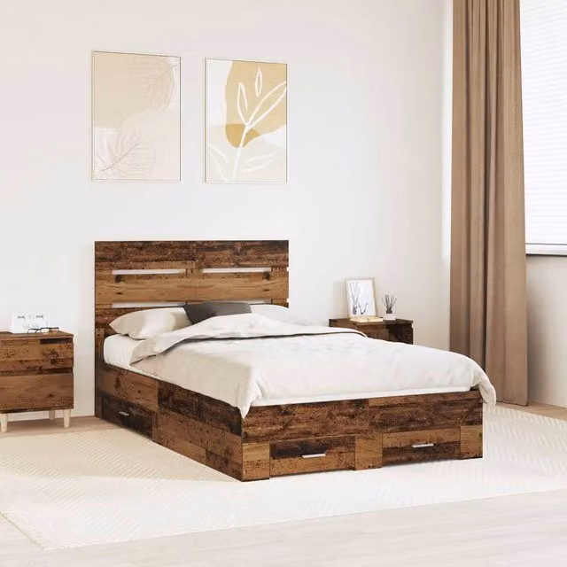 Berkfield Home Bed Frame with Drawers in Old Wood Brown, W/D/H: 120 x 190 cm