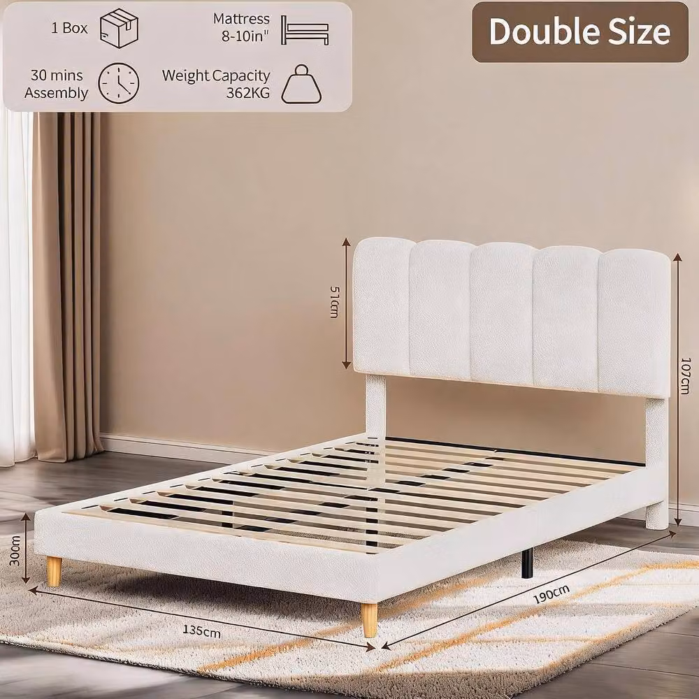 London Boutique Modern Upholstered Bouclé Platform Bed in Beige with Under-Bed Lighting and Drawers, W: 135 cm, L: 190 cm – 2