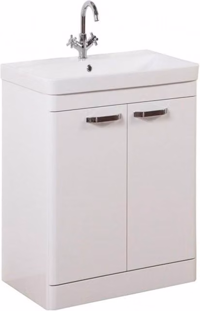 Clifton White Gloss 2 Door Freestanding Bathroom Unit with White Basin, Width: 60 cm, Height: 84 cm, Depth: 46 cm