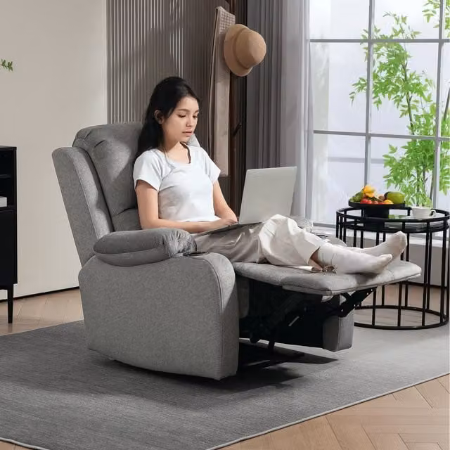 HOMCOM Grey Fabric Recliner Armchair with Leg Rest and Cup Holder