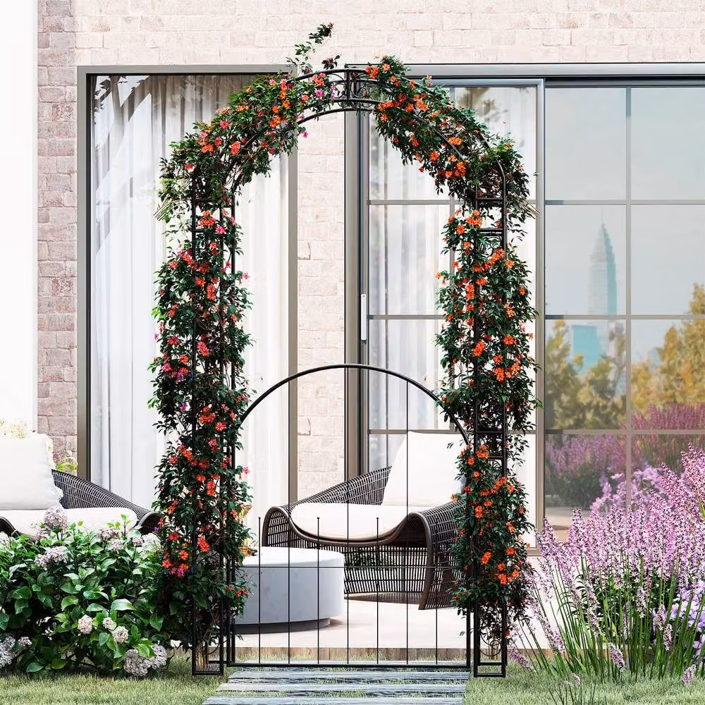 Costway Metal Garden Archway with Gate and Climbing Trellises, Black, Height: 214 cm – 4