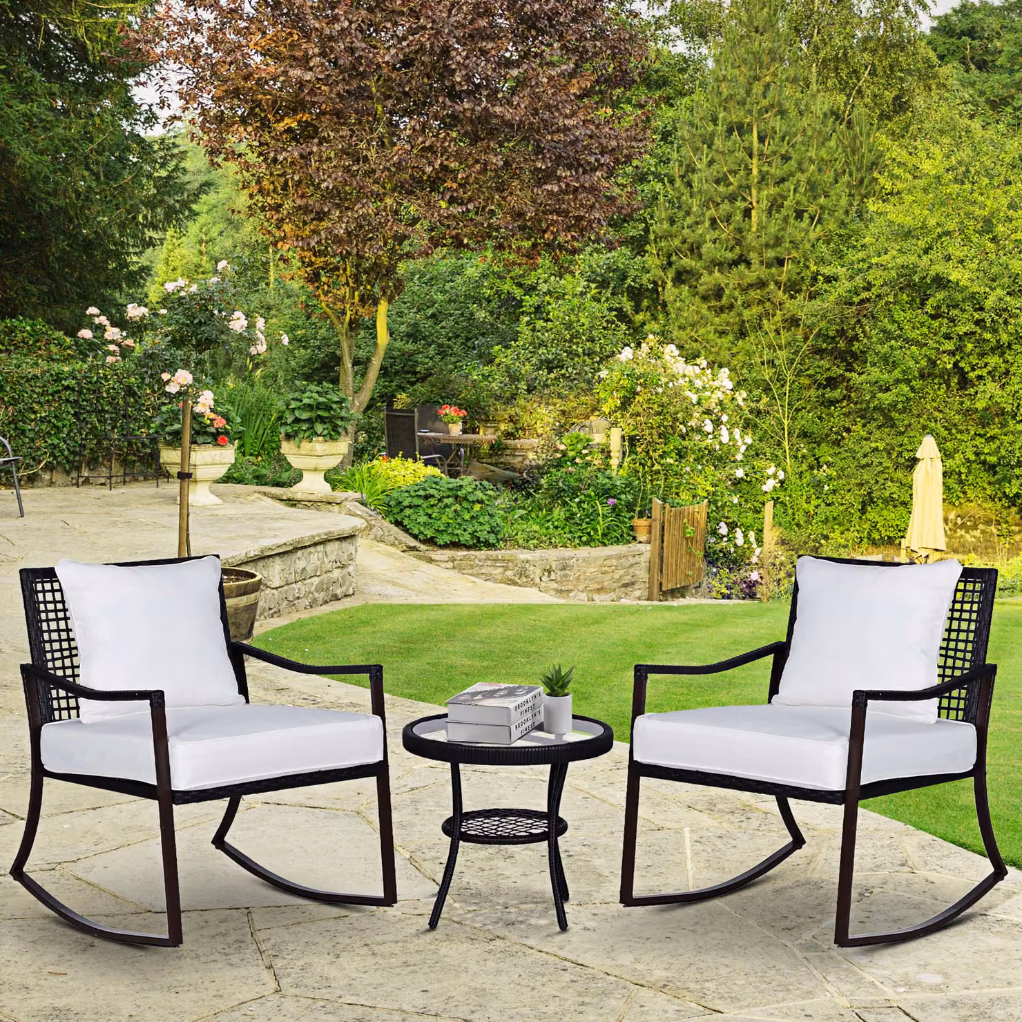Outsunny 2 Seater Rattan Bistro Set with 2 Rocking Armchairs, Pillowed Cushions and Round Tempered Glass Coffee Table, Brown – 2