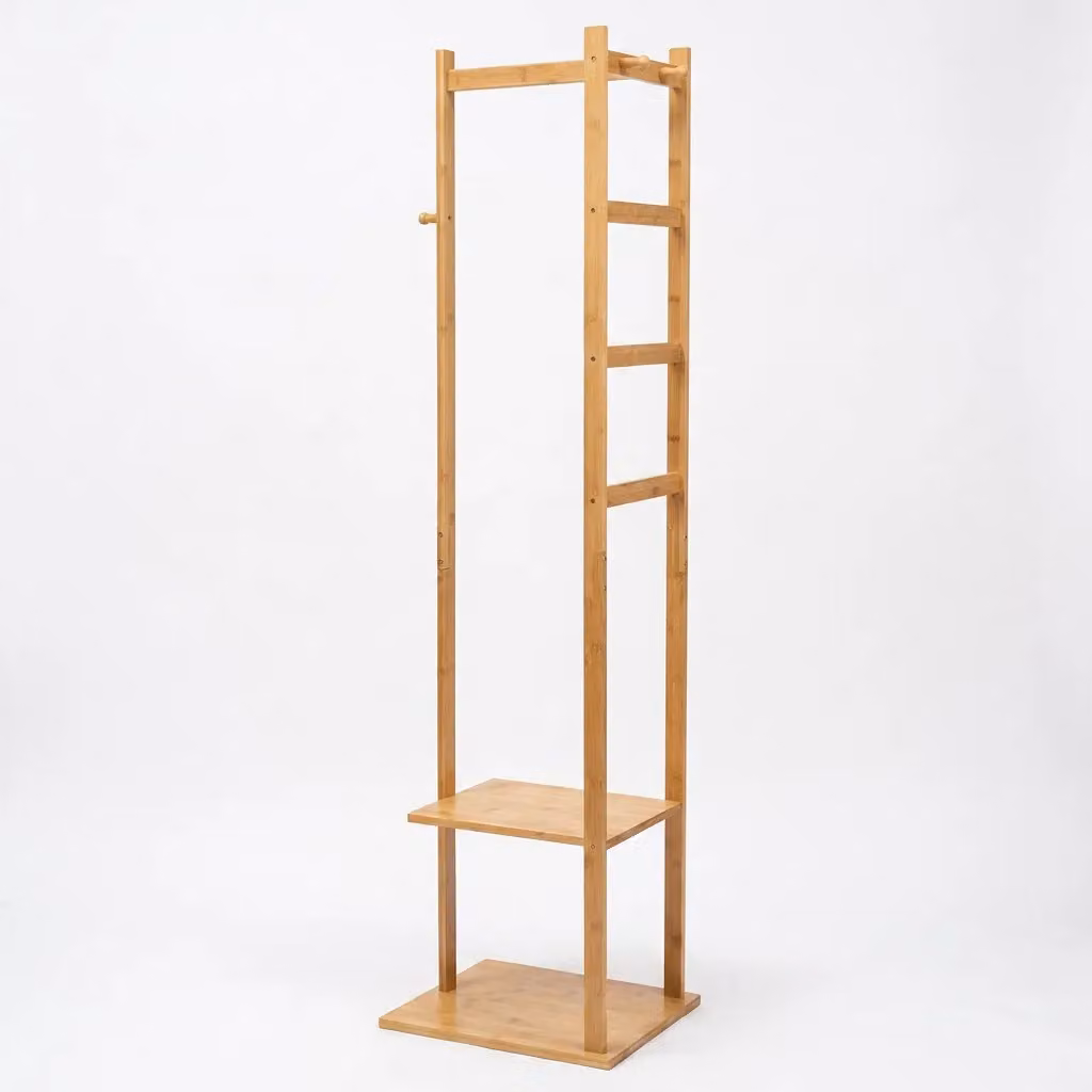 Storvo Narrow Wooden Coat Stand with 2 Shelves and Clothes Rail in Natural Brown – 5