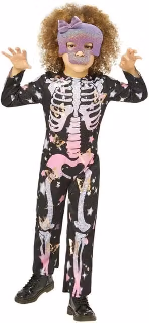 Smiffys Girls Sparkly Skeleton Costume in Black, Gold and Pink, Ages 4-6 Years