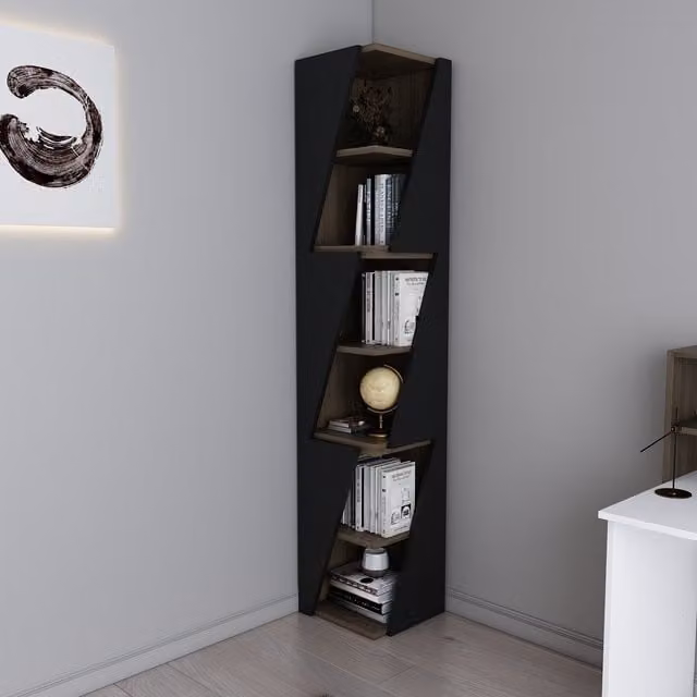 Decorotika Arrow 6-Tier Corner Bookcase in Black and Brown, H: 165.0 cm, W: 31.8 cm, D: 31.8 cm