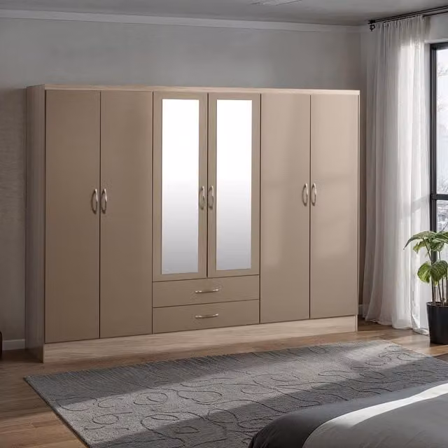 Seconique Nevada 6 Door 2 Drawer Mirrored Wardrobe in Oyster Gloss and Oak – 1