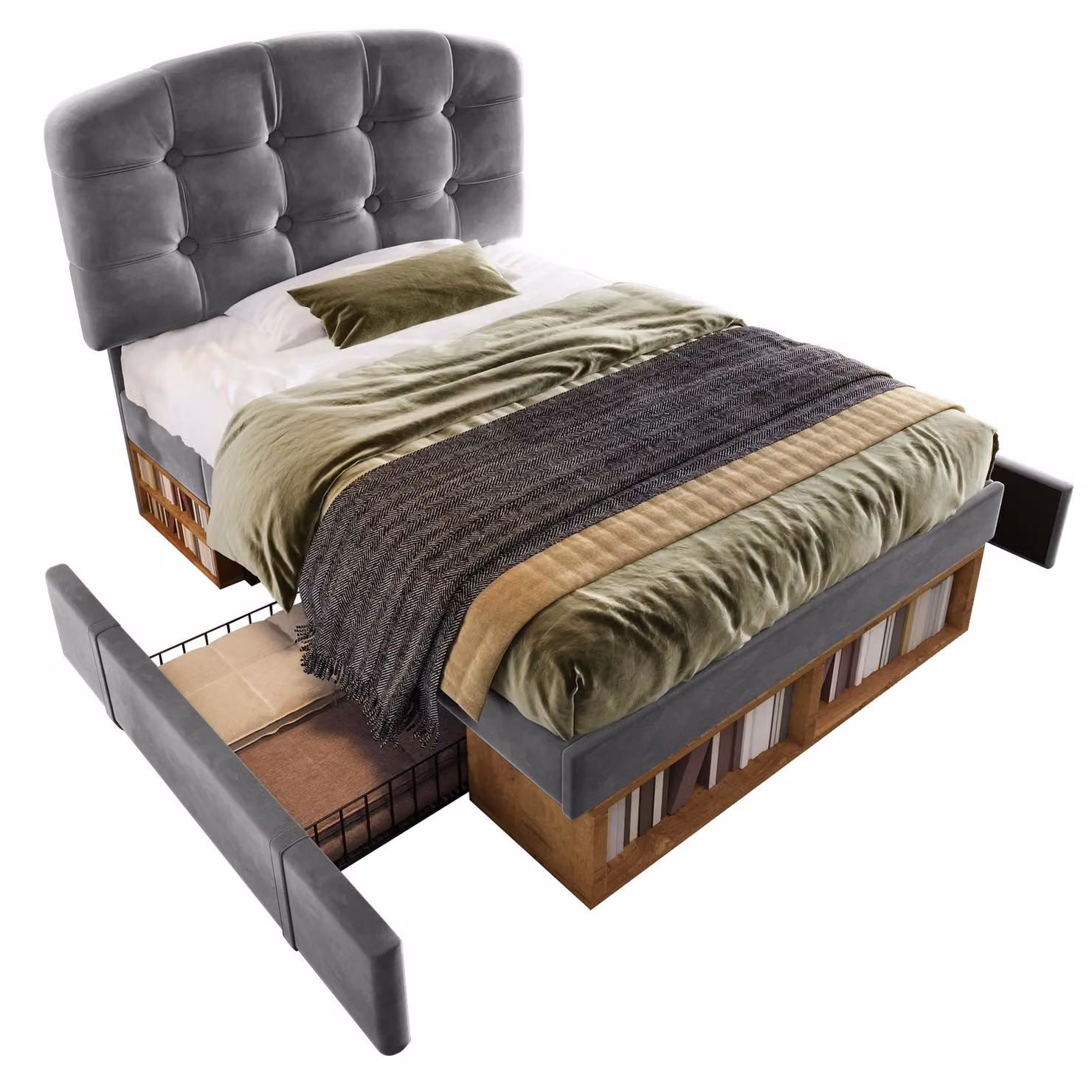 Aosom UK Grey Velvet Upholstered Single Bed Frame with Height-Adjustable Headboard and Built-in Drawers, W: 101 cm, D: 198 cm, H: 120 cm – 2