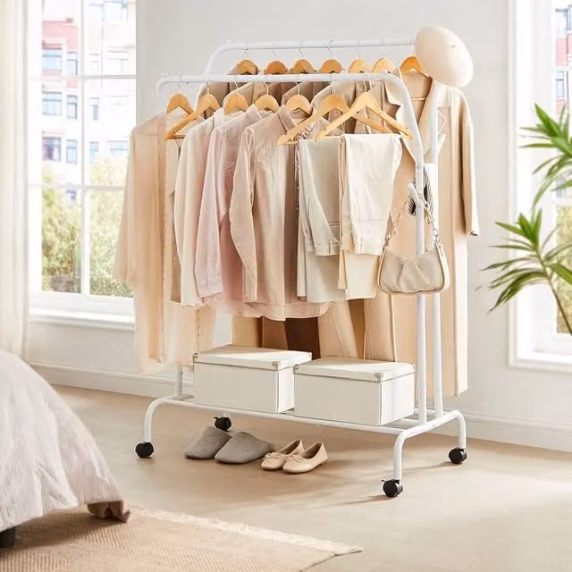 SONGMICS Heavy Duty Double Clothes Rail with Shelf and Wheels in White