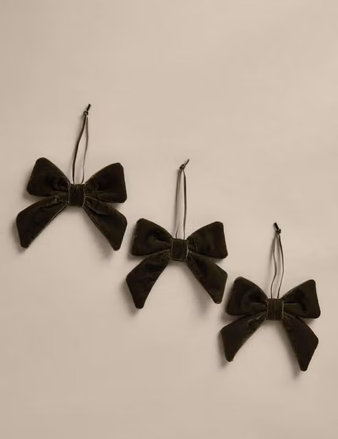 M&S Green Velvet Christmas Bow Hanging Pendants, Pack of 3