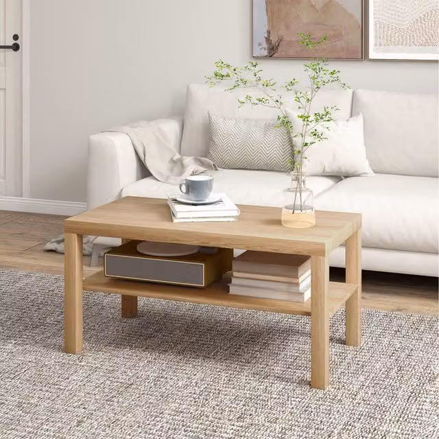 HOMCOM 2-Tier Rectangular Coffee Table with Storage Shelf in Brown Wood Finish