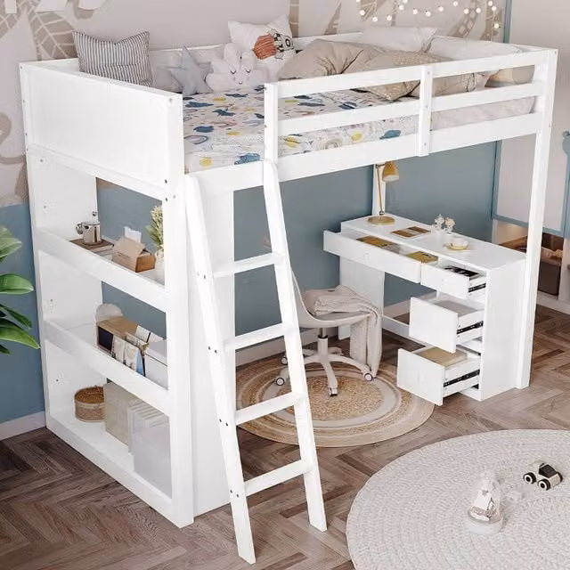 Rolipo White Wooden High Sleeper Bed with Desk and Storage Drawers, 3ft Single – 1