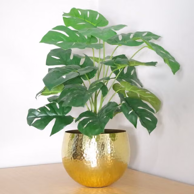 Artificial Monstera Plant with Round Golden Metal Planter, Green Tabletop Potted Plant