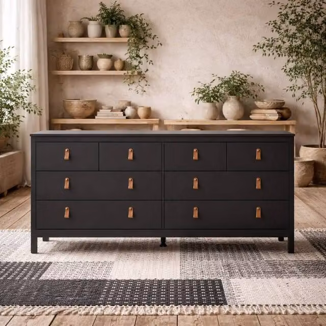 Wyld Haus Wyldberry 8 Drawer Dresser in Matt Black with Leather Tab Handles