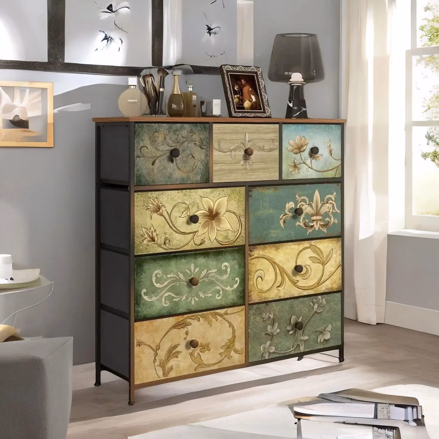 FURNOS 9 Fabric Drawer Bedroom Dresser with Vintage Floral Patterns in Brown and Multicolour – 3