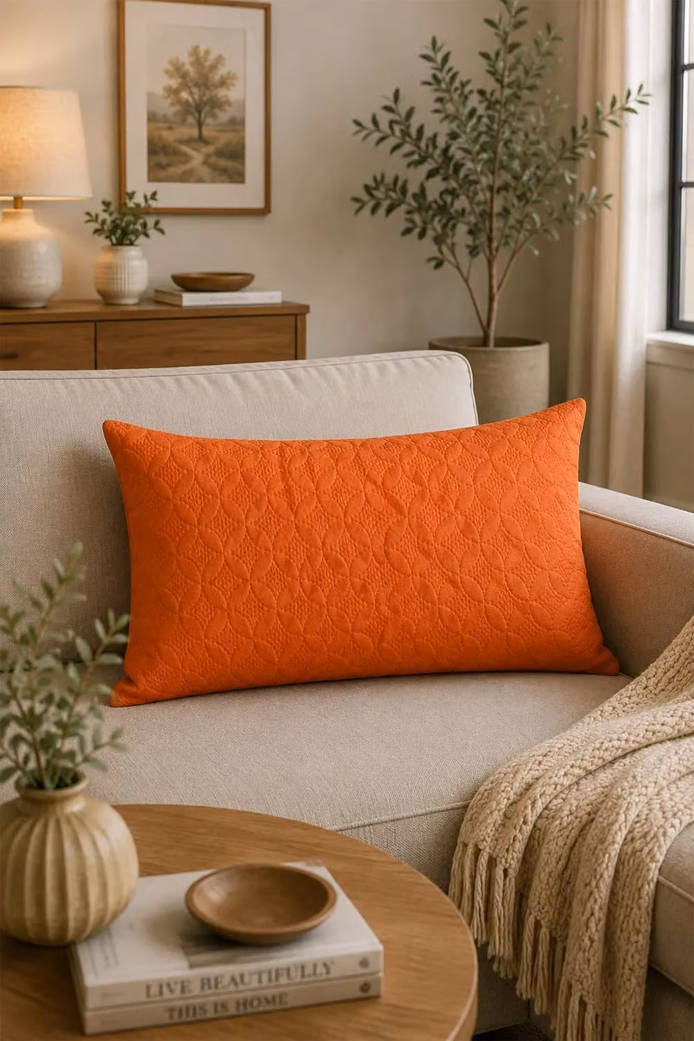 Homescapes Orange Ultrasonic Quilted Embossed Cushion Cover, W: 50 cm, H: 75 cm – 1