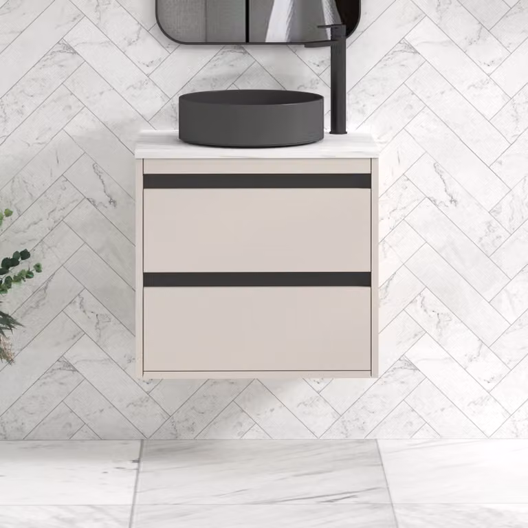 Royal Bathrooms Orion 800mm Warm Taupe Wall Hung 2 Drawer Vanity Unit with Art Round Basin and Black Accent Trim