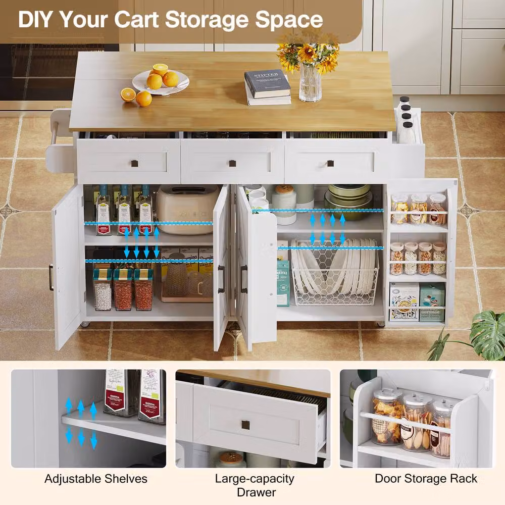 Merax White Rustic Barn Style Rolling Kitchen Island with Foldable Worktop – 2