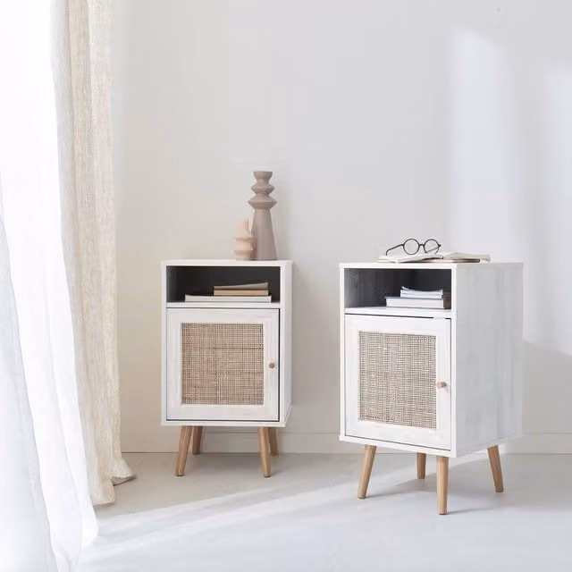 sweeek Pair of Scandinavian Style Bedside Tables with Rattan Cupboard in White