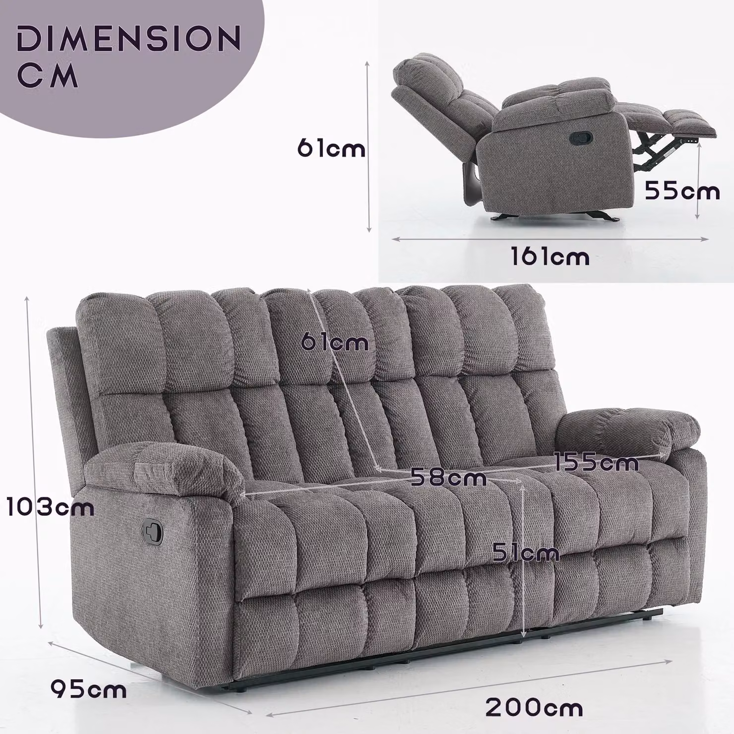 FURNITURE ONE 3 Seater Manual Recliner Sofa in Grey Fabric Upholstery – 2