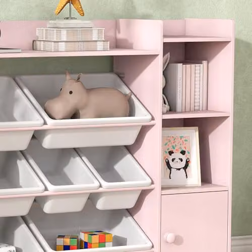 AIYAPLAY Kids Bookshelf and Toy Storage Organiser with 8 Removable Bins, Pink, H 140 x W 90 x D 30 cm – 3
