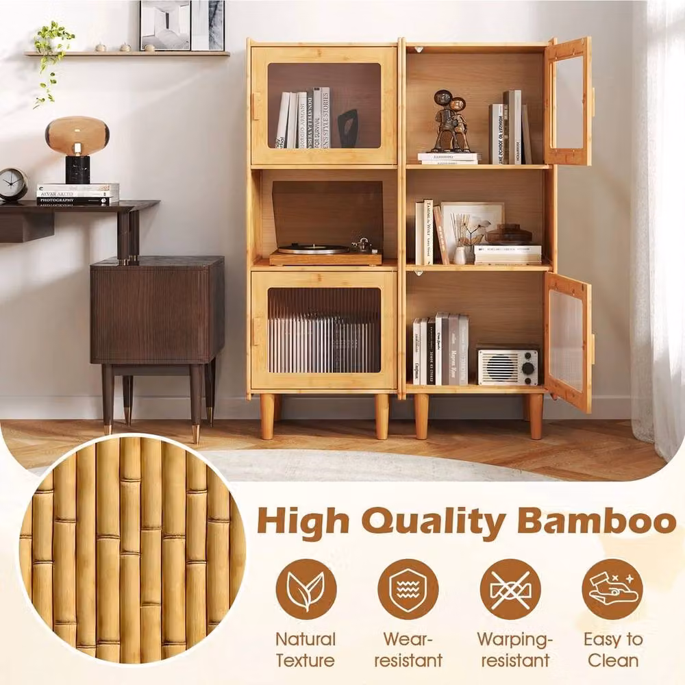 VOGREX Natural Bamboo 3-Cube Freestanding Storage Cabinet with Hinged Doors and Open Shelf – 3