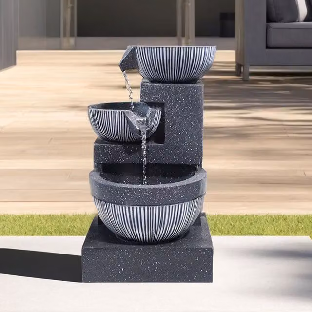 Livingandhome 3-Tier Round Cascade Solar Water Fountain in Grey Resin