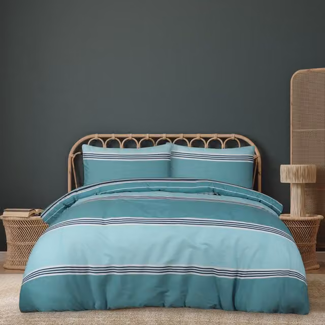 Smart Living Wholesale Ltd. Reversible Striped Polycotton Duvet Cover and Pillowcase Set, Teal, W/D/H: 135 x 200 cm and 50 x 75 cm