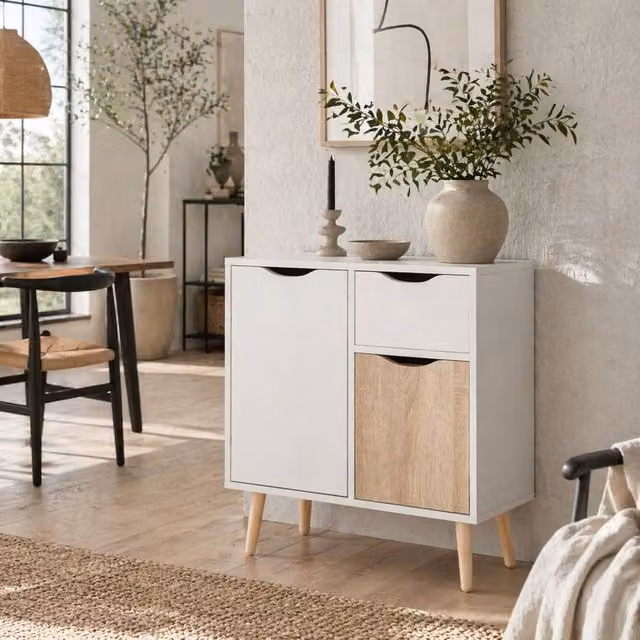 Wyld Haus Roke Levi Sideboard with 1 Drawer and 2 Doors in Brown and White MDF with Wooden Legs