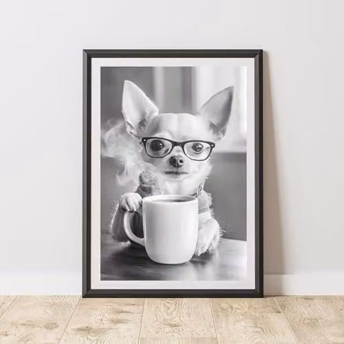 60 Second Makeover Funny Chihuahua Drinking Coffee Paper Poster, A3, Multicolour