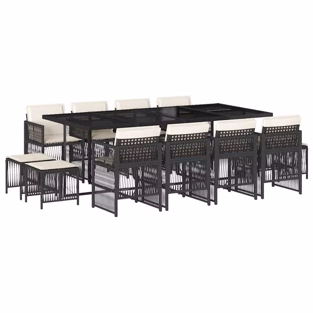 Berkfield Home 13 Piece Black Poly Rattan Garden Dining Set with Glass Table and Weather Resistant Cushions – 2