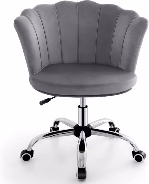 COSTWAY Grey Velvet Art Deco Swivel Vanity Task Chair with Armrests and Castors