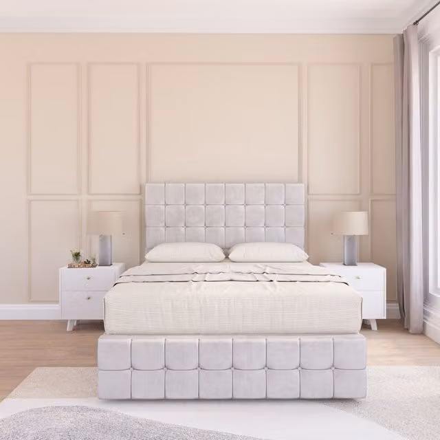 Sloomy Berlin Double Divan Bed Set with Matching Footboard in Silver Plush Velvet, W/D/H: 140 x 200 cm