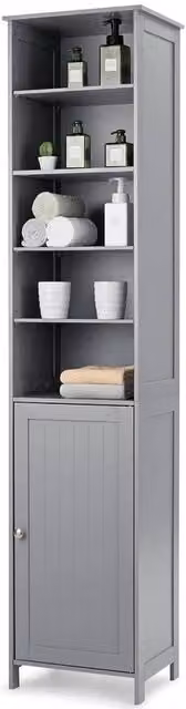 VOGREX Tall Slim Freestanding Bathroom Storage Cabinet with Adjustable Shelves in Grey Matt